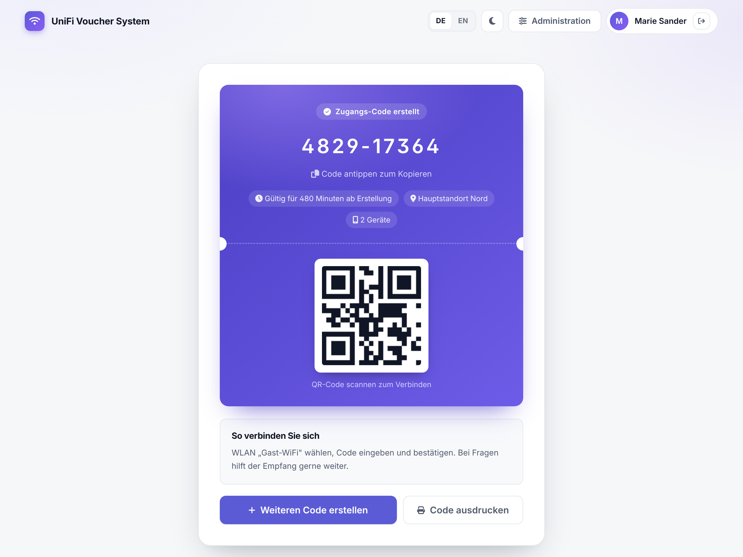 Erstellter Voucher mit QR-Code