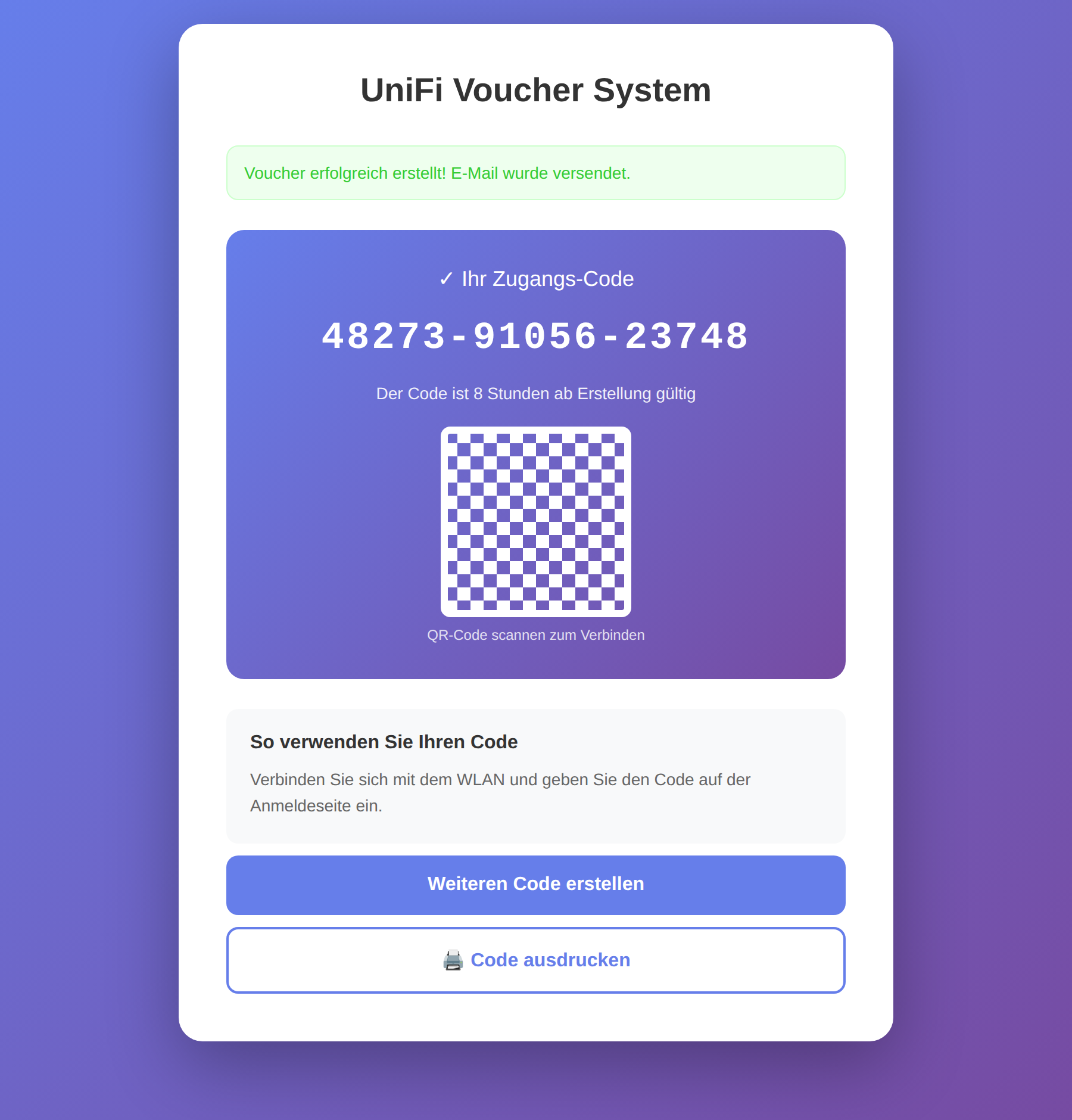 Erstellter Voucher mit QR-Code