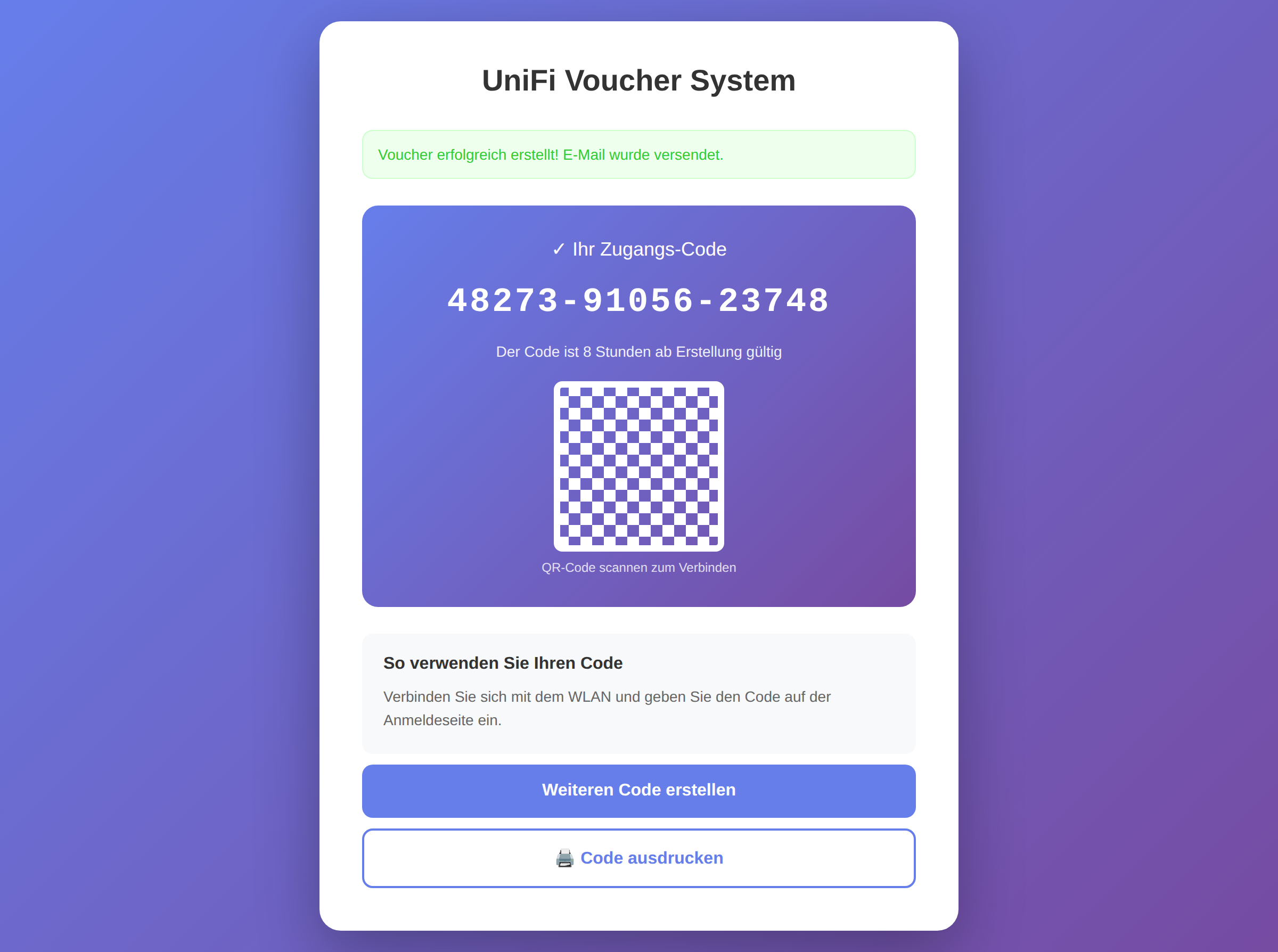 Erstellter Voucher mit QR-Code