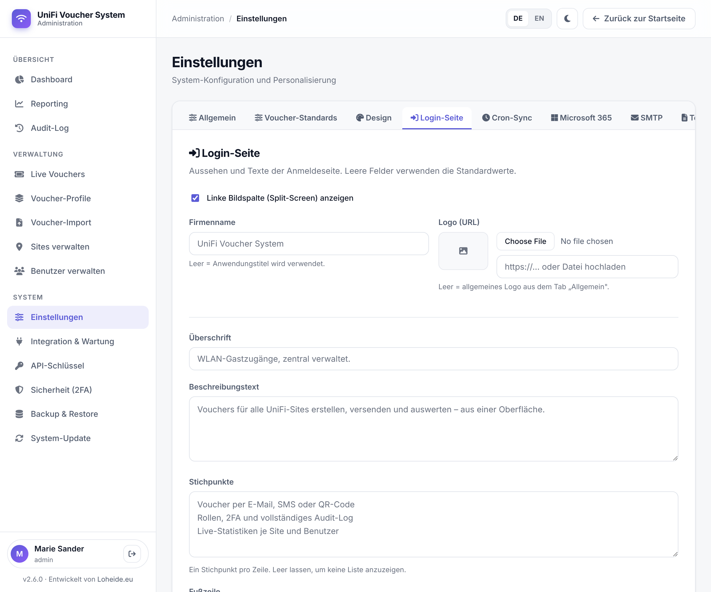 Einstellungen der Login-Seite